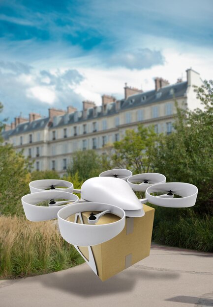 Renderização em 3D de um drone comercial carregando uma caixa voando por Paris