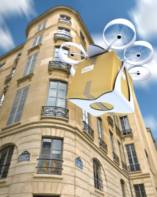 Renderização em 3D de um drone comercial carregando uma caixa voando por Paris