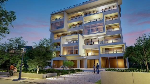 renderização em 3D de um edifício residencial de luxo moderno ao entardecer