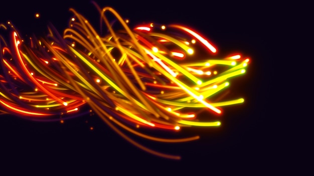 Foto renderização em 3d de um fundo abstrato colorido de cordas linhas fitas fibras ou fios
