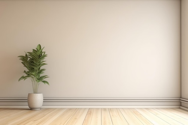 Renderização em 3D de um interior de quarto vazio com uma parede bege, um vaso de plantas e piso de madeira