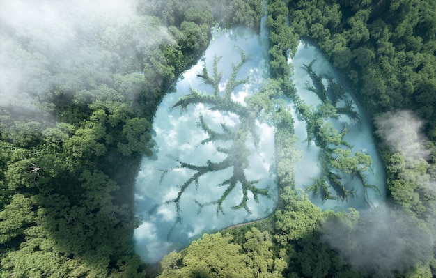 Renderização em 3D de um lago limpo em forma de pulmão no meio de uma floresta virgem