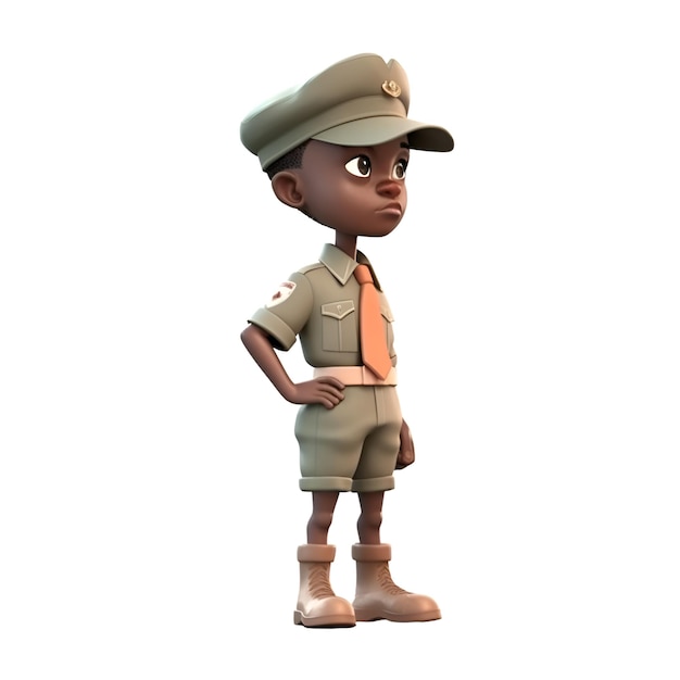 Renderização em 3D de um lindo garoto afro-americano em uniforme militar isolado em fundo branco