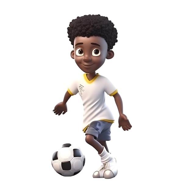 Renderização em 3D de um lindo garoto afro-americano jogando futebol isolado no fundo branco