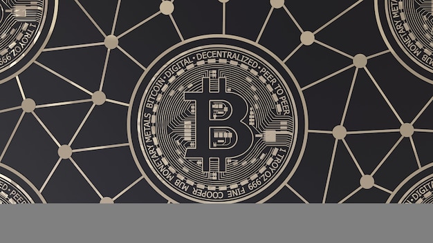 Renderização em 3d de um logotipo bitcoin dourado em preto