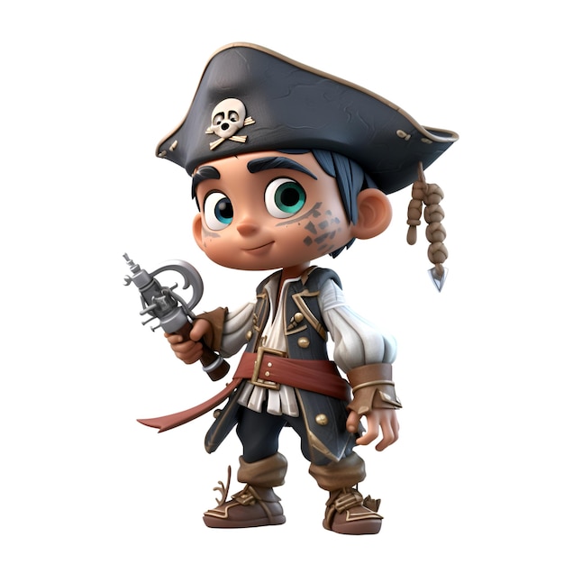 Renderização em 3D de um personagem de desenho animado com fantasia de pirata isolada em fundo branco