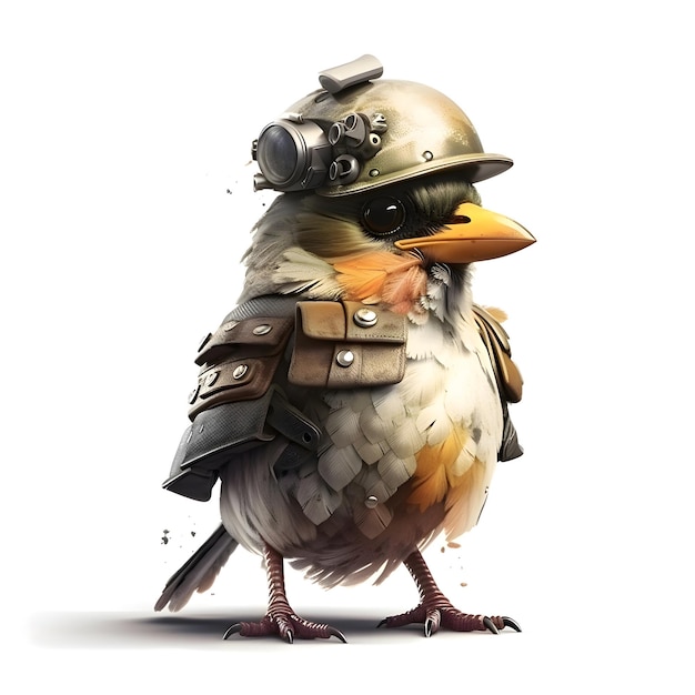 Renderização em 3D de um pombo steampunk usando capacete e óculos