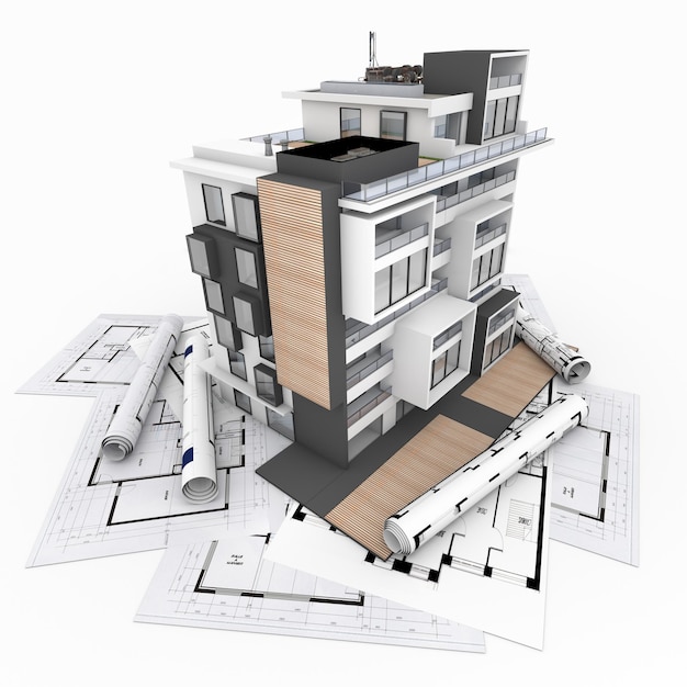 Renderização em 3D de um prédio de apartamentos moderno com jardim e plantas ao fundo