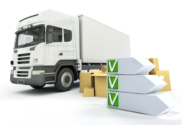 renderização em 3D de um tema de transporte de caminhão com uma lista de verificação