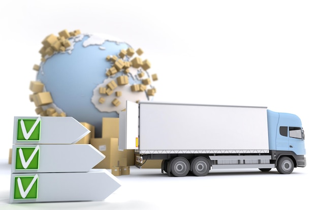 renderização em 3D de um tema de transporte internacional com uma lista de verificação