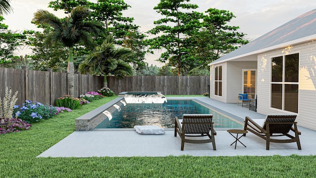 Renderização em 3D de uma bela piscina e paisagismo