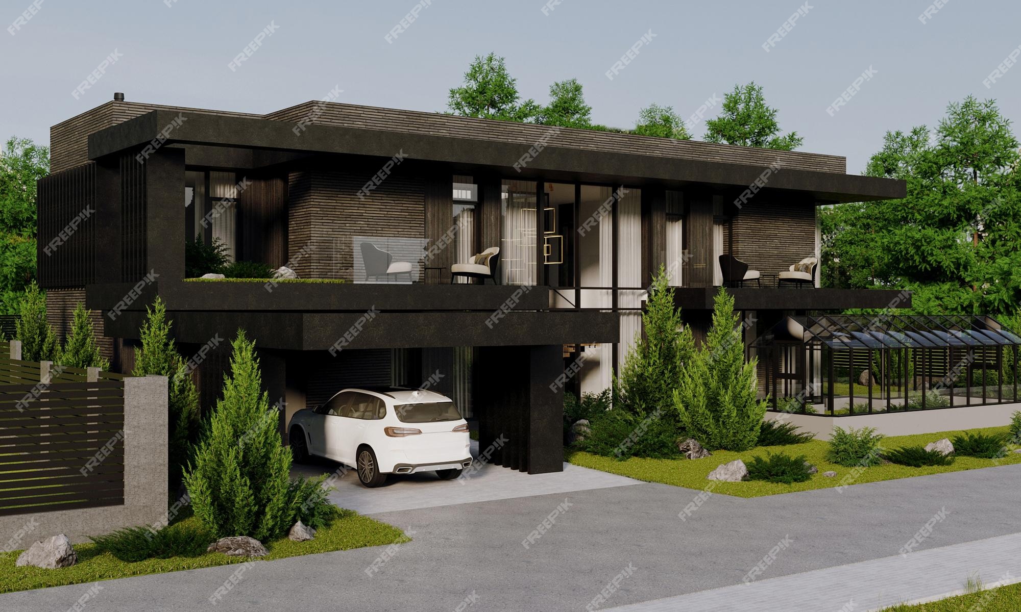 Renderização em 3d de uma casa moderna com fachada escura. casa com janelas  panorâmicas e terraço. tijolo