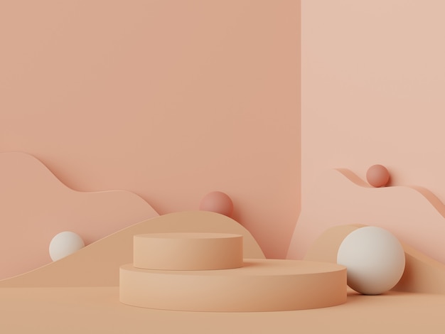 Renderização em 3D de uma cena minimalista em pastel de um pódio em branco com o tema em tons de terra