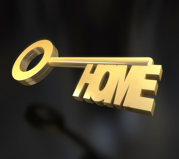 Renderização em 3d de uma chave dourada com a palavra home contra um fundo preto