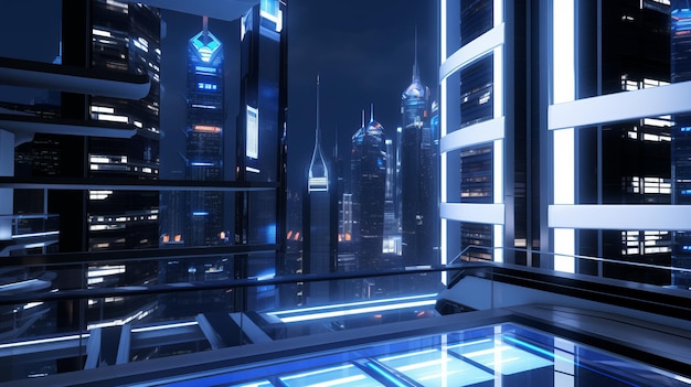 Renderização em 3D de uma cidade futurista à noite com luzes e reflexos generativos ai