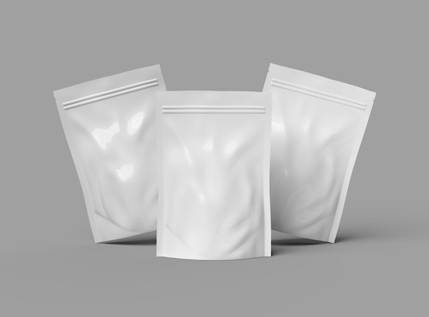 Renderização em 3D de uma embalagem de doypack selada genérica brilhante com um zíper em um fundo claro
