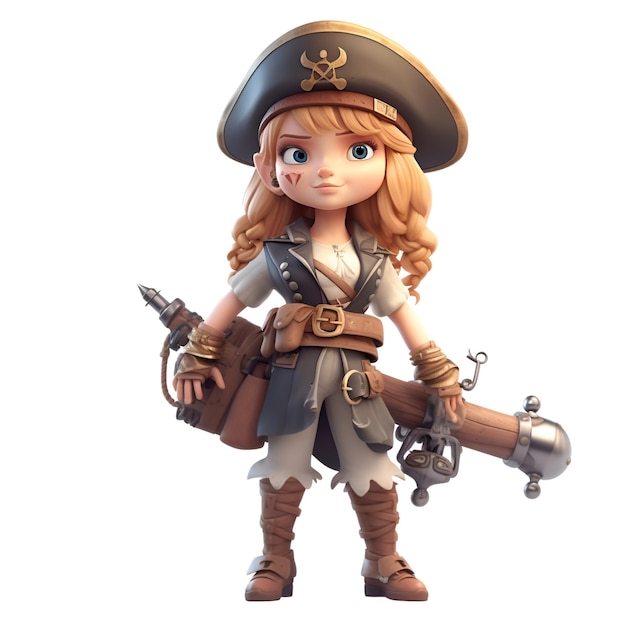 Renderização em 3D de uma garota pirata de desenho animado isolada em fundo branco