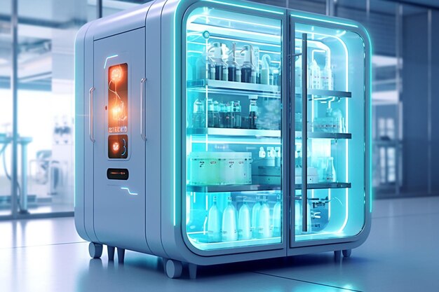 Renderização em 3D de uma geladeira futurista em um hospital com luzes neon