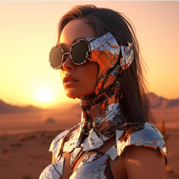 Renderização em 3D de uma guerreira ciborgue no deserto