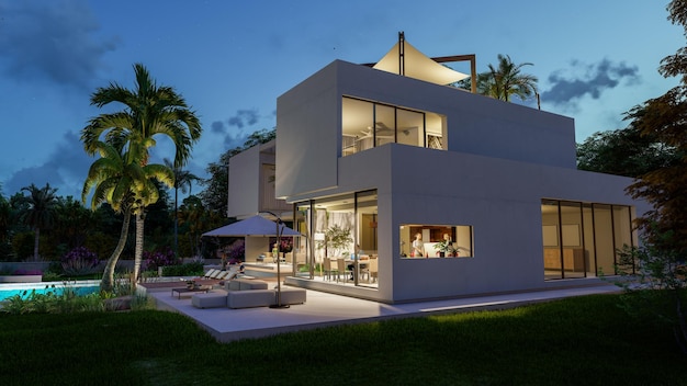 Renderização em 3D de uma impressionante villa contemporânea com jardim e piscina ao entardecer