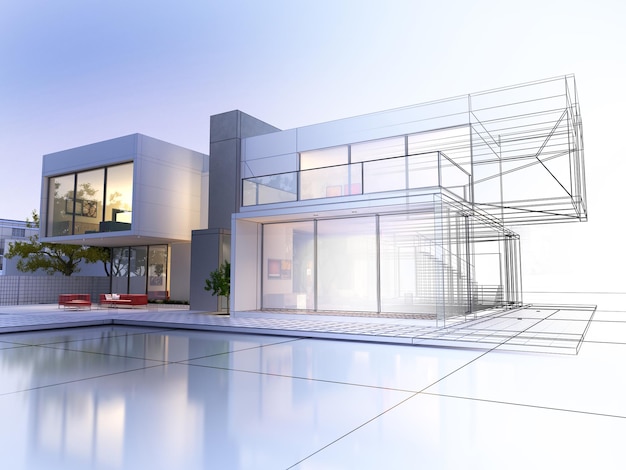 Renderização em 3d de uma luxuosa villa com renderização realista contrastante e estrutura de arame