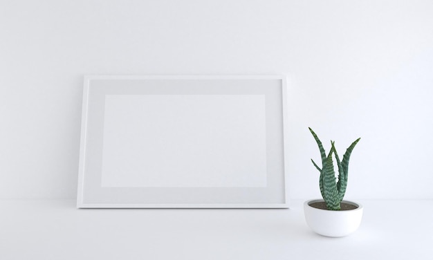 Renderização em 3D de uma maquete de quadro em branco ao lado de uma planta em vaso encostada em uma parede branca