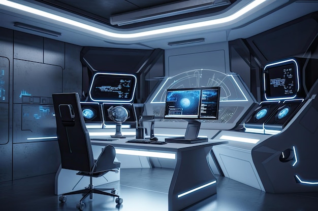 Renderização em 3D de uma sala de controle em uma nave espacial com luzes de neon sala de escritório futurista com mesa de escritório e computador gerado por IA
