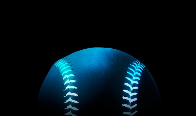 Renderização em 3D de uma única bola de beisebol preta com linhas de néon brilhantes azuis brilhantes