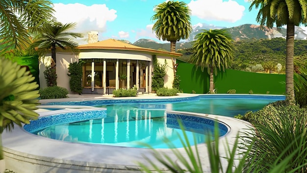 renderização em 3D de uma villa com piscina em um jardim exótico