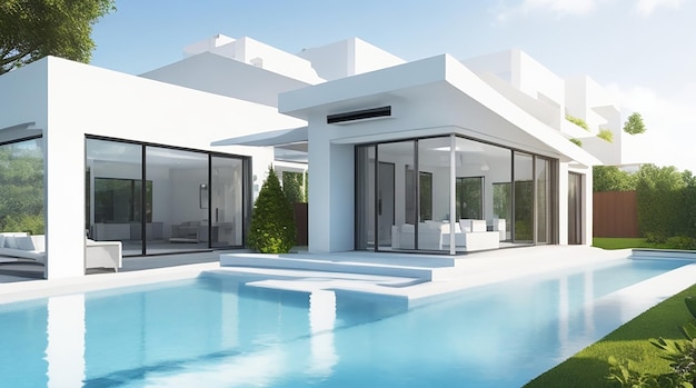 renderização em 3D de uma villa moderna original com piscina