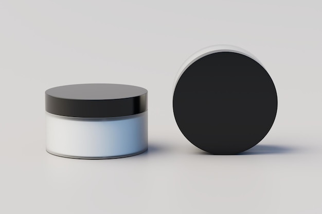 Renderização em 3D de vários frascos de cosméticos de plástico preto e branco