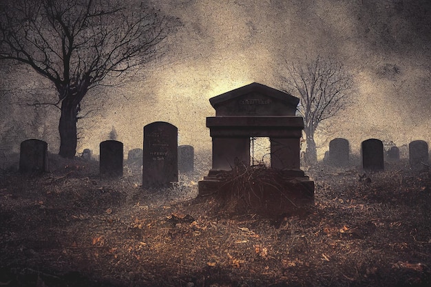 Renderização em 3D do Cemitério do Cemitério em Spooky Dark Night para o conceito de Halloween