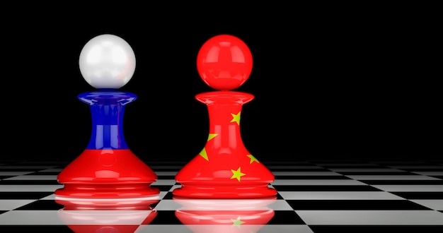 Renderização em 3D do conceito de relações entre a China e a Rússia