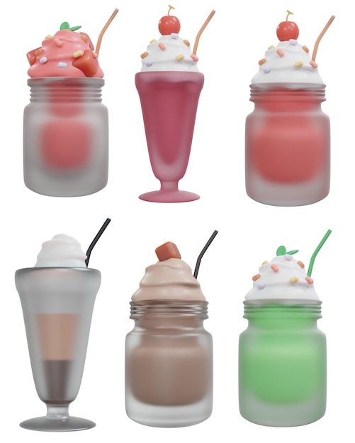 Renderização em 3D do conjunto de copos de vidro de smoothies muitos sabores isolados no estilo de desenho animado de renderização 3d branco