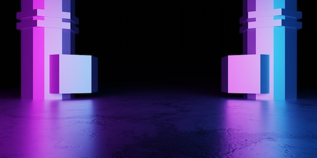 renderização em 3D do corredor da nave espacial azul fundo roxo neon brilhante conceito Cyberpunk
