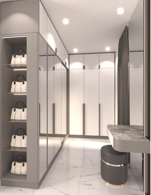 Renderização em 3D do Design de Interiores Elegante Walk In Closet