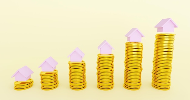 Renderização em 3D do dinheiro da poupança para comprar casa e empréstimo para investimento empresarial para o conceito imobiliário