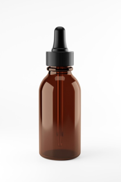 Foto renderização em 3d do frasco de vidro de óleo médico marrom isolado no recipiente de fundo branco para perfume