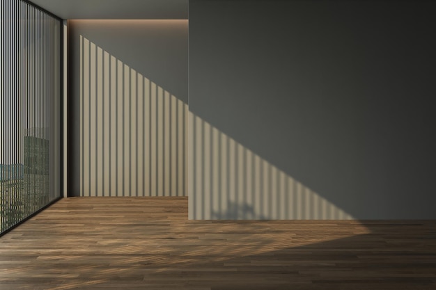 Renderização em 3D do interior escuro da casa sem móveis Design minimalista com grande janela em parquet de paredes cinza Sala vazia simulada escritório cópia espaço estúdio Renderização em 3D