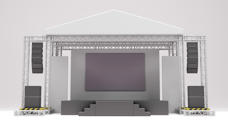 Foto renderização em 3d do show de palco e construção de treliça com um sistema de som para negócios de apresentações de concertos