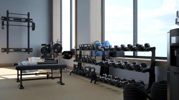 renderização em 3D Equipamentos esportivos modernos de academia leve no ginásio Barbells de peso diferente no rack