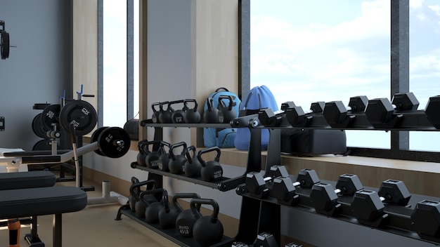 renderização em 3D Equipamentos esportivos modernos de academia leve no ginásio Barbells de peso diferente no rack