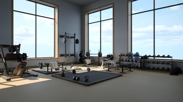 Renderização em 3d equipamentos esportivos modernos de academia leve no ginásio barbells de peso diferente no rack