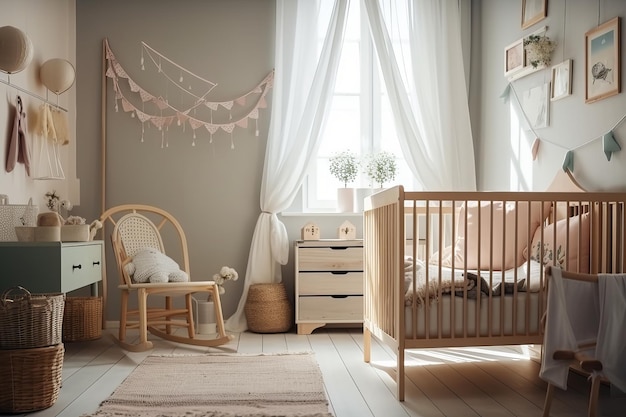 Renderização em 3D estilo escandinavo de quarto infantil