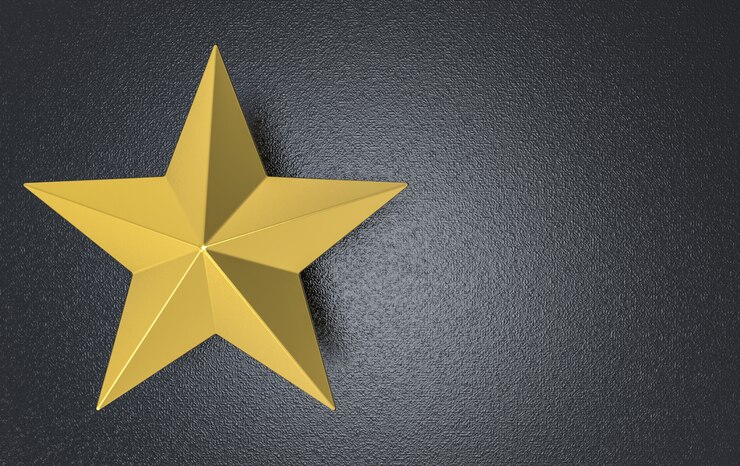 Foto renderização em 3d. estrela dourada de cinco pontas no fundo da parede de cimento escuro.