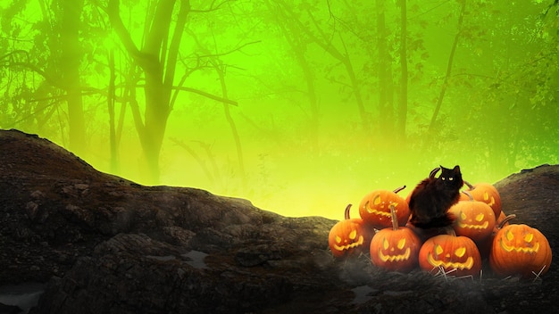 Renderização em 3d floresta assustadora e abóbora design de halloween com abóbora e gato preto