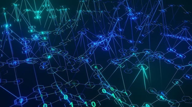 Renderização em 3D Infográficos números binários túnel Tecnologia Conexão de dados de rede Rede de dados digitais Conceito de segurança cibernética Fundo de movimento do plexo