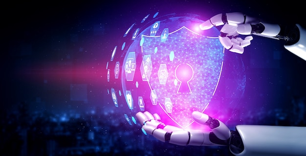 Renderização em 3d inteligência artificial pesquisa de ia de desenvolvimento de robôs e ciborgues para o futuro das pessoas que vivem