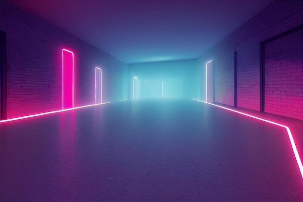 Renderização em 3D, linhas de neon azul rosa, formas geométricas, espaço virtual, luz ultravioleta, estilo dos anos 80,