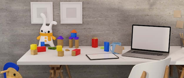 Renderização em 3d mesa de escritório em casa com boneca de tablet laptop e brinquedos na mesa branca no quarto de cama ilustração 3d